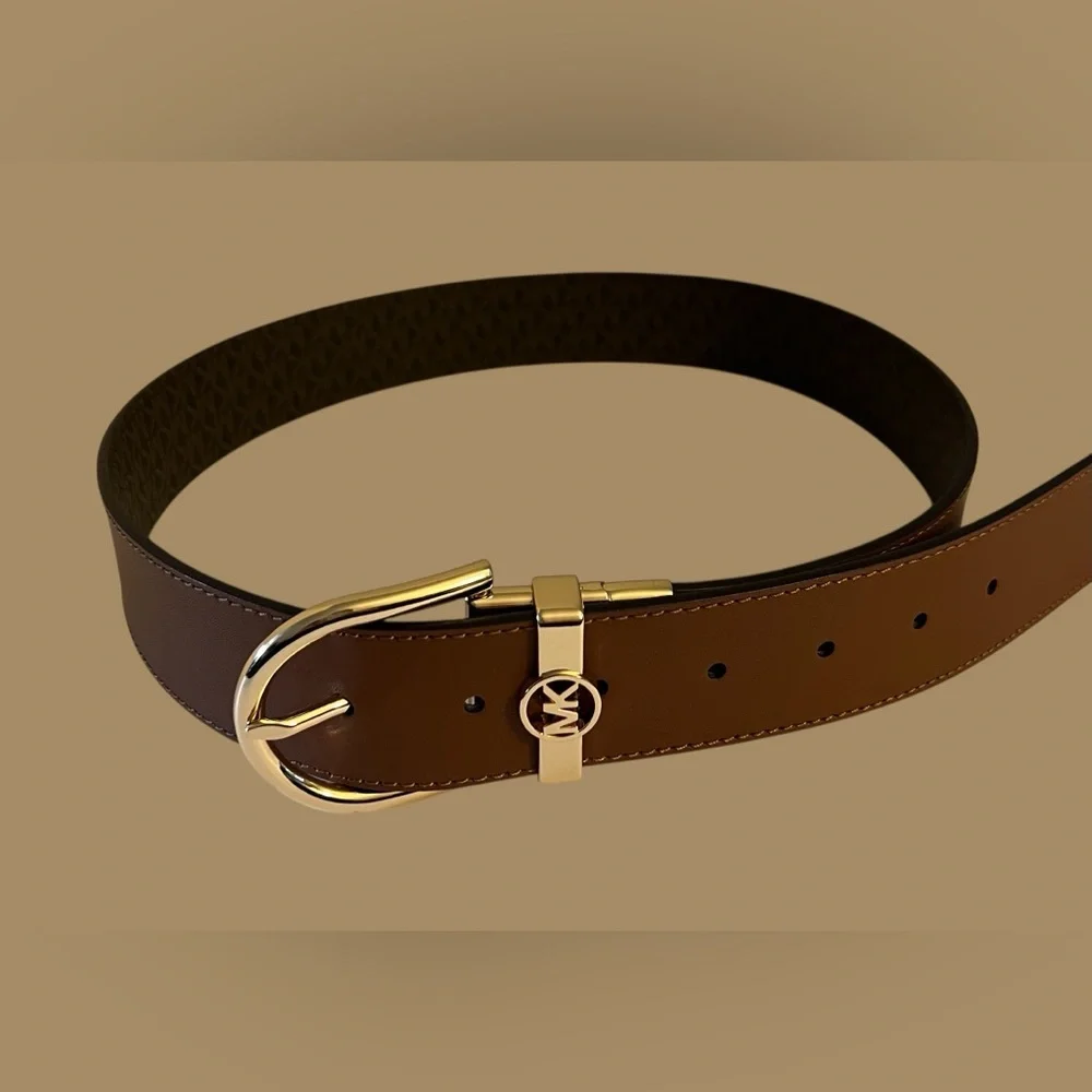 Michael Kors Brown Leather Belt with Gold Buckle Size Large